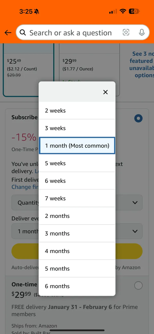 The delivery-frequency menu from 2 weeks to 6 months, with 1 month (most common) selected.