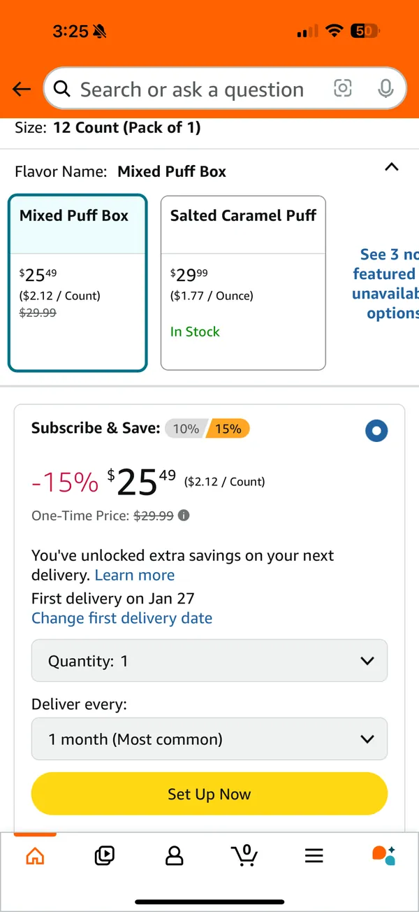 The product page for a 12-pack of protein bars, with flavour options.