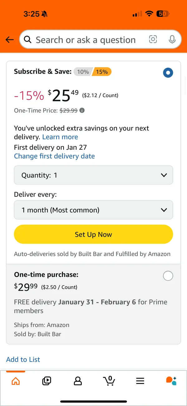 The Subscribe and Save block: minus 15 percent, $25.49, $2.12 per count, a quantity picker, delivery every 1 month (most common), and a yellow Set Up Now button above the one-time purchase.