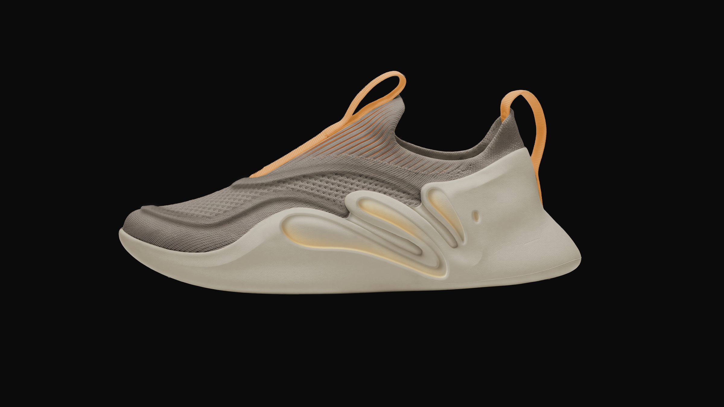 Side view of the AMBL shoe: a taupe knit slip-on upper with orange pull loops at the heel and tongue, on a sculpted cream sole with a wave-shaped side panel.