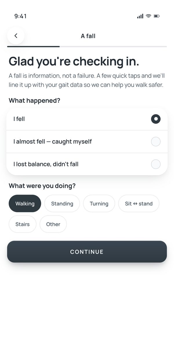 Fall report, step 1: “Glad you’re checking in.” with choices for fell, almost fell, or lost balance, and activity chips like Walking and Turning.