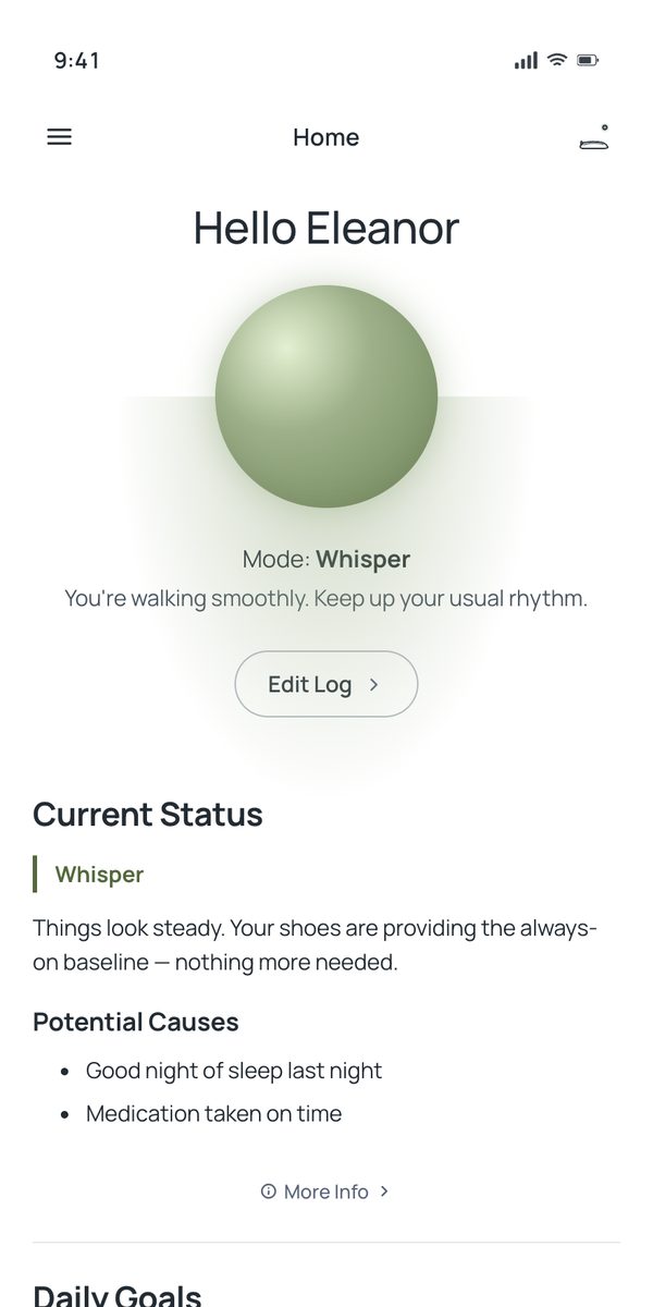 Final home screen: “Hello Eleanor”, a soft green sphere labeled Mode: Whisper, and a Current Status section reading “Things look steady”.