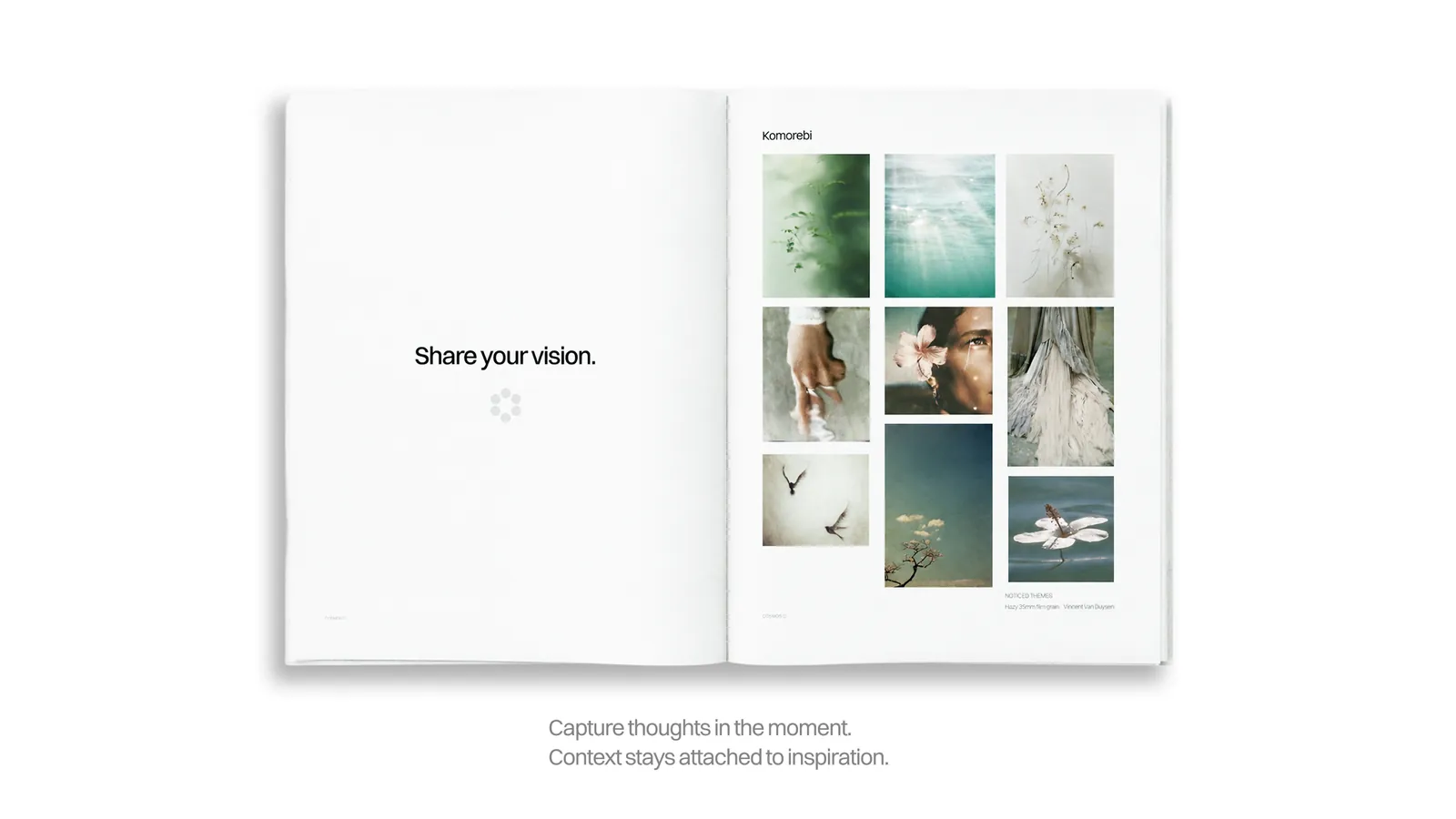 “Share your vision.” An exported PDF open as a magazine spread: a title page and a page of nature photos called Komorebi.