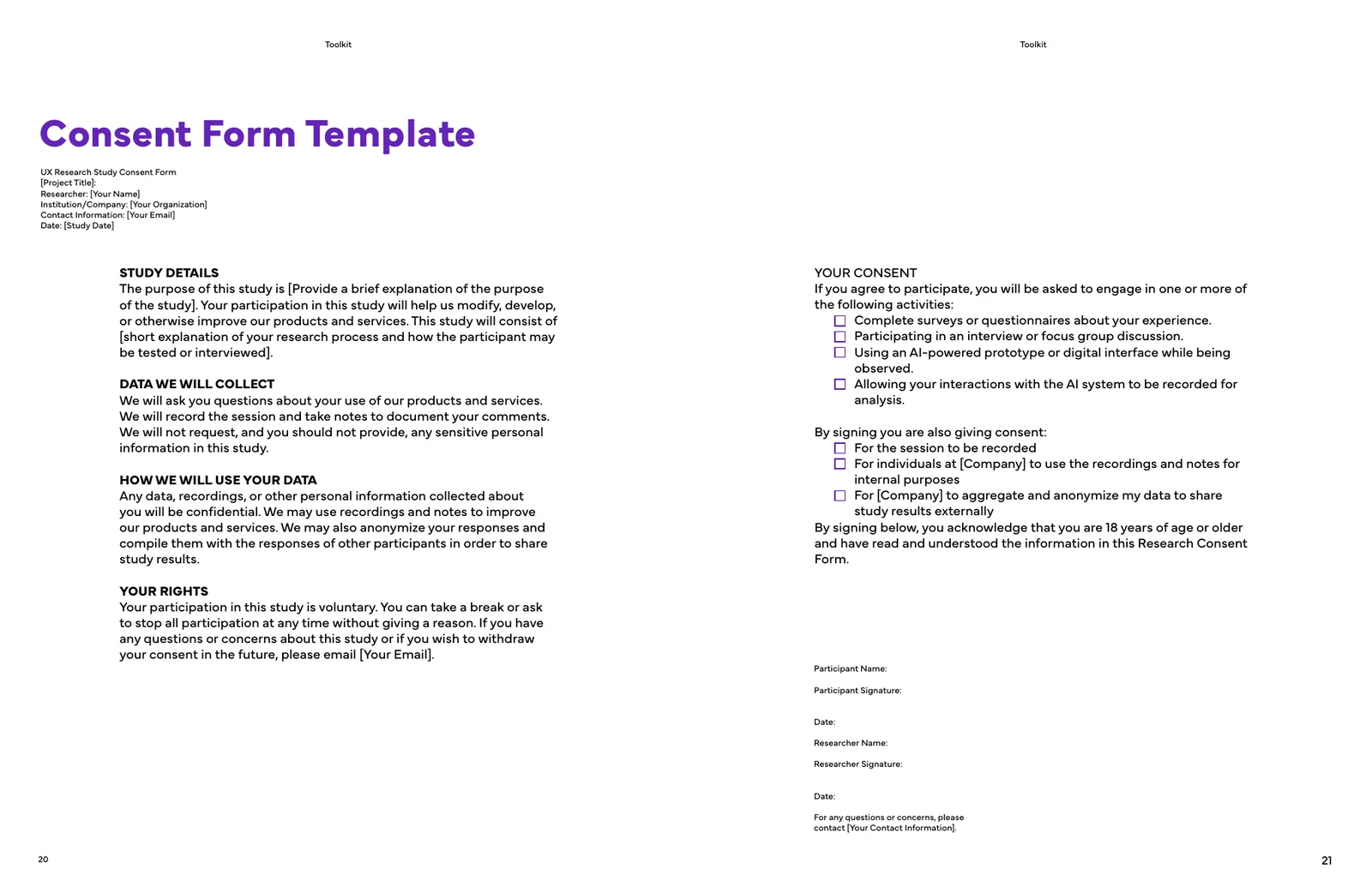 The Consent Form Template spread: study details, data collected, how it's used, your rights, then checkboxes for activities including an AI-powered prototype and recording AI interactions.