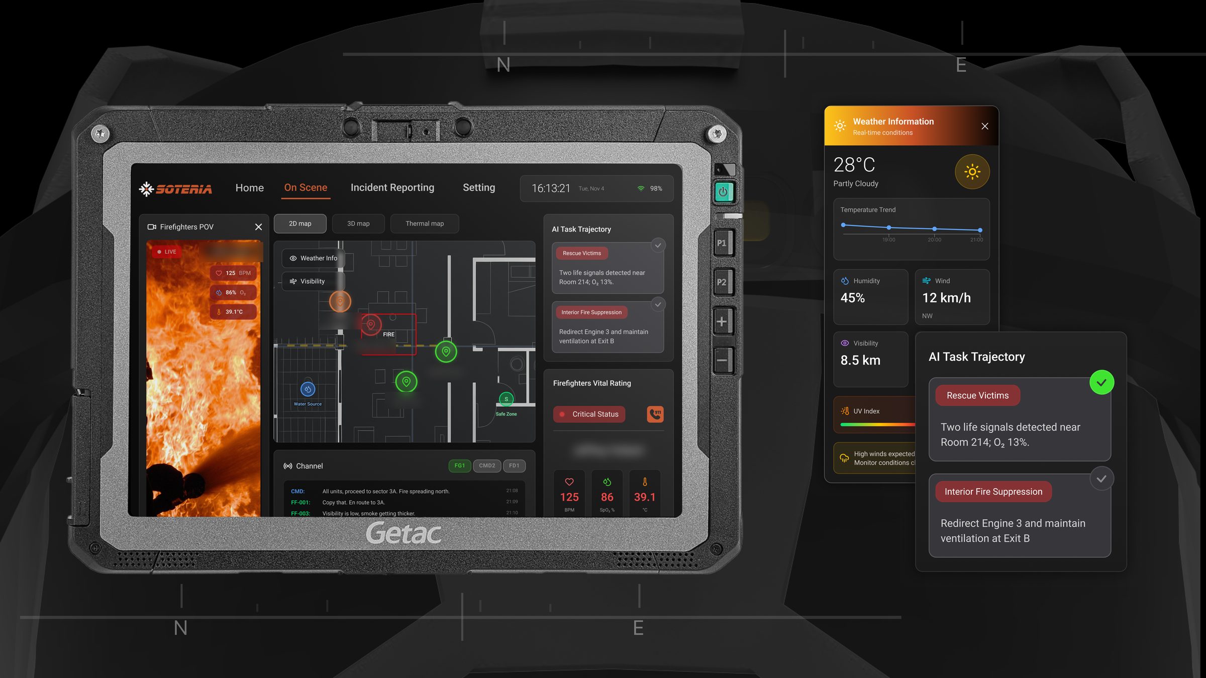 The On Scene screen on a rugged tablet: live POV feed, floor plan with crew positions, AI task cards, vitals, radio channels. Names blurred.
