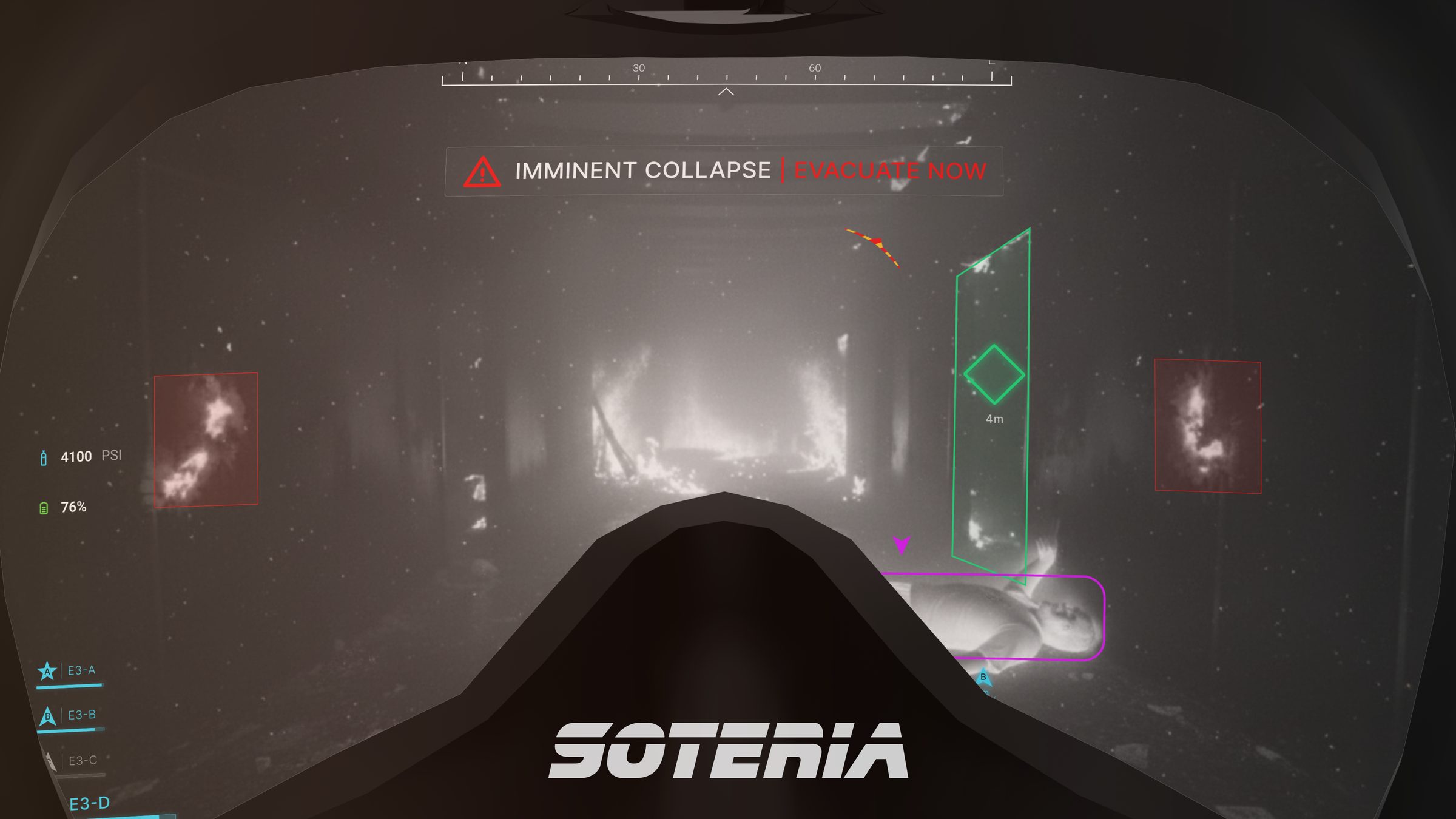 View from inside the Soteria mask in a smoky corridor: a red collapse warning, a green exit marker, air and battery on the left, team status bottom left.